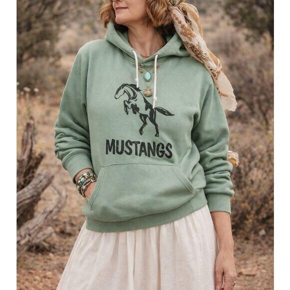 & Other Stories Tops - VTG 70s Mustang Mascot Hoodie Green Size L Collegiate Graphic Sweatshirt Unisex